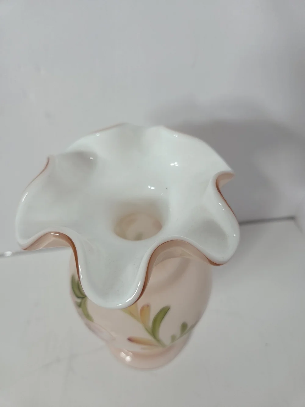 fenton HandPainted signed Peach Floral Glass Vase incased pink flower shaby chic